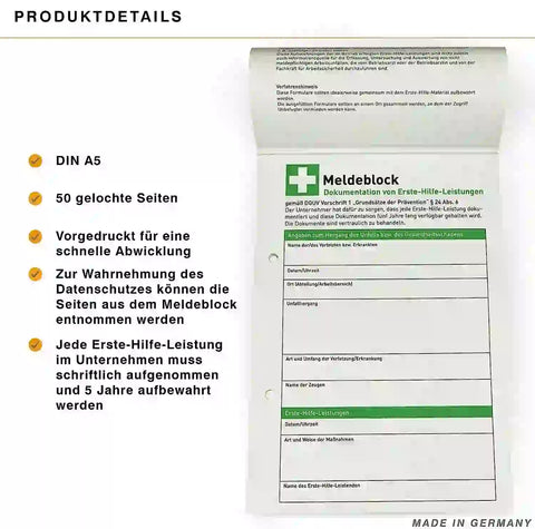 Erste Hilfe Meldeblock - DIN A5 - 50 Blatt - Für die Dokumentation von Erste Hilfe-Leistungen nach BGV A1 §24 Abs. 6
